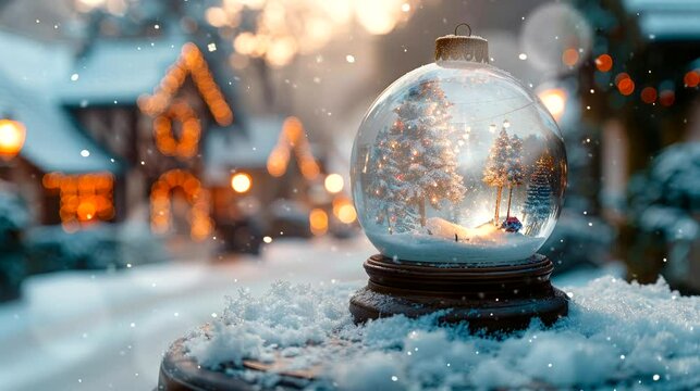 snow globe kept on white table, blurred in white snow with landscape home Christmas, christmas time, winter, snow falling. seamless looping time-lapse virtual 4k video animation