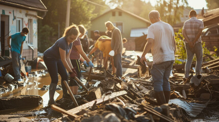 Fototapeta na wymiar Community members unite in muddy waters for a post-flood clean-up operation.