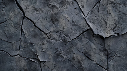 Fototapeta premium Abstracted view of a cracked concrete wall, creating a dark, textural landscape of lines and shadows.