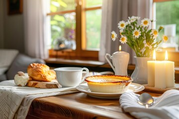 Fototapeta premium Cozy breakfast setup with candles, flowers, a cup of tea, and pastries on a wooden table by a sunlit window.