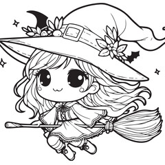 Halloween cute flying witch illustration line art