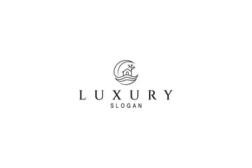 Obraz premium House logo on the moon in line art design style, Dream house logo vector