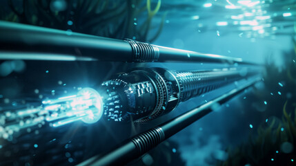 Futuristic energy beams course through an advanced underwater pipeline system.