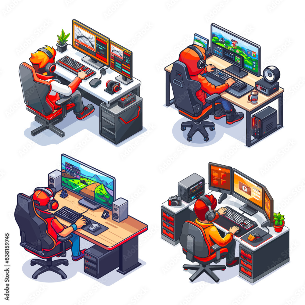 Poster isometric gamers at computer. cartoon gamer, programmer or hacker work desk play keyboard game in he