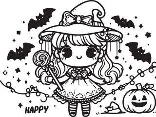 Halloween cute flying witch illustration line art