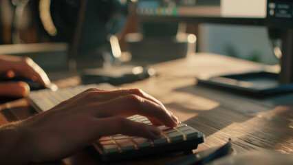 Creative workspace with hands resting on a sleek, modern keyboard.