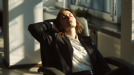 Fototapeta premium Businesswoman relaxing in sunlight, feeling content in an office.
