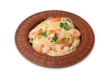Tasty spaghetti with shrimps and parsley isolated on white