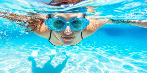 Hübsche Frau Unterwasser mit Taucherbrille lacht Nahaufnahmen Querformat für Banner
