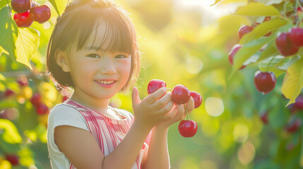 Young child enjoying cherries in a lush orchard