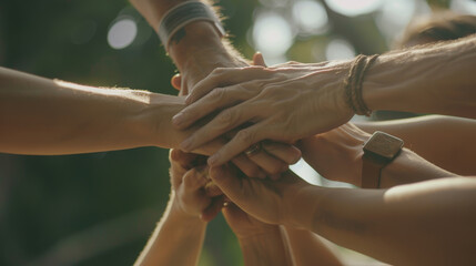 Hands clasped in unity, a symbol of teamwork and trust in soft sunlight.