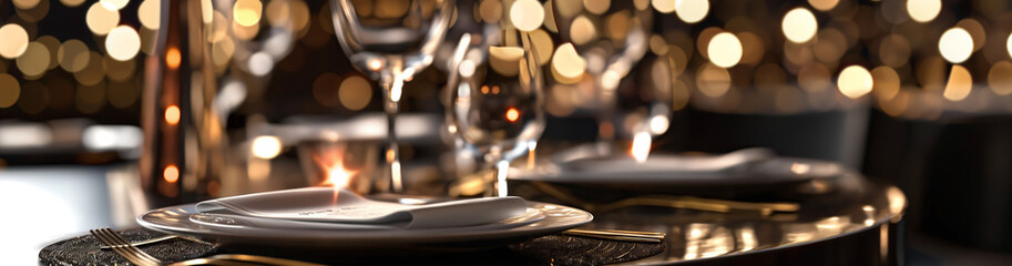 Fine dining table setting of luxury fancy restaurant menu invitation card mockup for weddings and romantic eating event decoration as wide banner with empty black copy space