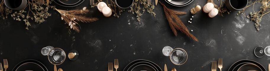 Obraz premium Fine dining table setting of luxury fancy restaurant menu invitation card mockup for weddings and romantic eating event decoration as wide banner with empty black copy space