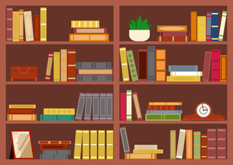 Bookcase with books. Brown wooden cabinet with shelves. Library shelving. Fiction or educational literature. Bookshelves flat style. Interior furniture. Cupboard rack. Vector background