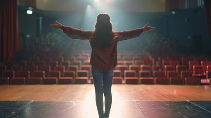 A silhouette of an aspiring performer stands center stage, facing an empty theater with open arms.