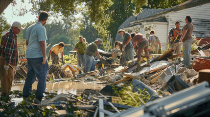 Volunteers working together clearing debris after a flood disaster.