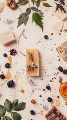 Flat lay of eco-friendly beauty products, natural textures and leaves on a white background with space for copy text.