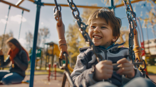 A playful moment captured of a boy grinning widely on a sunny playground swing.
