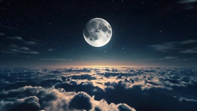 Flying over the deep night timelapse clouds with moon light. Seamlessly looped animation. Flight through moving cloudscape over night city lights. Perfect for cinema, background, digital composition