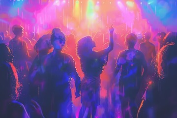 Silhouettes of people dancing in vibrant, colorful lights at LGBTQ+ Pride Month celebration, joyful atmosphere, with confetti and bright lighting, highlights unity, acceptance, spirit Pride.