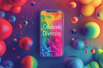 Smartphone with "Celebrate Diversity" message on screen, surrounded by floating colorful bubbles, vibrant dynamic background enhances theme joy, inclusivity, celebration during LGBTQ+ Pride Month.