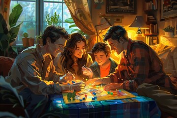 Family playing board game together in cozy, warmly lit living room, scene is filled with laughter, smiles, shared moments joy, family bonding, LGBTQ+ pride, happiness togetherness during Pride Month.