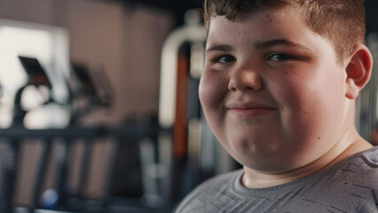 Obraz premium A young boy proudly poses at the gym, hinting at a fitness journey.