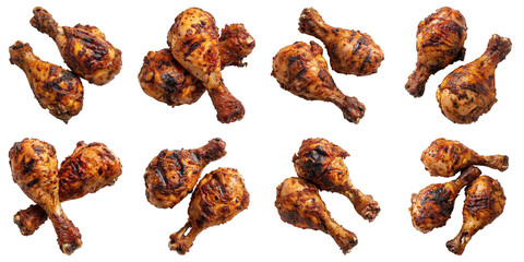 Obraz premium Collection of Jamaican Jerk Fried Chicken Drumsticks isolated on transparent png background. Generative ai