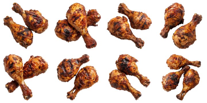 Collection of Jamaican Jerk Fried Chicken Drumsticks isolated on transparent png background. Generative ai