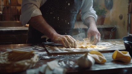 Artisan's hands dusted with flour as they skillfully craft fresh pasta.