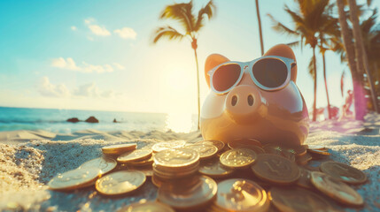 A piggy bank basks in the sun on a tropical beach, surrounded by a treasure of coins.