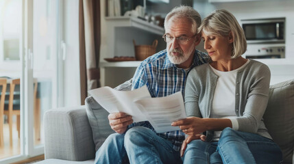 A mature couple intently reviews documents together on a cozy couch.