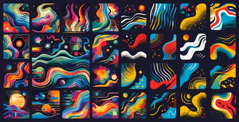 Naklejka premium Retro abstract space art. Vintage psychedelic universe galaxy cosmos mosaic elements, wavy planets colorful lights splashes cover 80s 60s 90s backgrounds set vector illustration