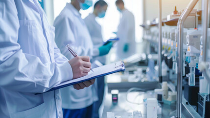 Medical researchers collaborate in a lab, analyzing samples and documenting findings.