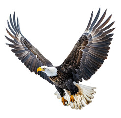 Fototapeta premium A majestic bald eagle soars with wings spread wide, showcasing its powerful flight and symbolizing freedom and strength, isolated on transparent background, png