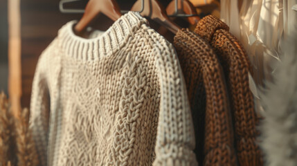 Close-up of hand-knit sweaters hanging, golden hour sunlight casting a warm glow.