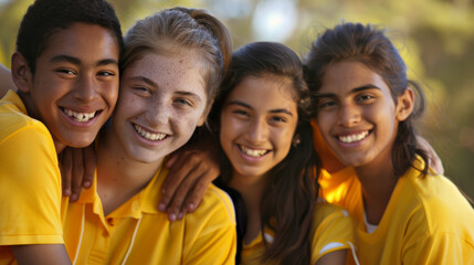 Close-up of smiling teens wearing yellow, their genuine friendship shining through.
