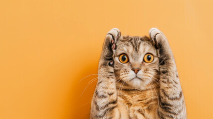 Obraz premium A whimsical tabby cat with wide eyes holds paws up like hands, oozing charm against a yellow backdrop.