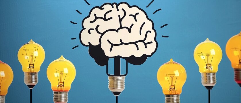 Brainshaped light bulb in the middle of standard bulbs, turquoise background, vibrant and creative, minimalistic