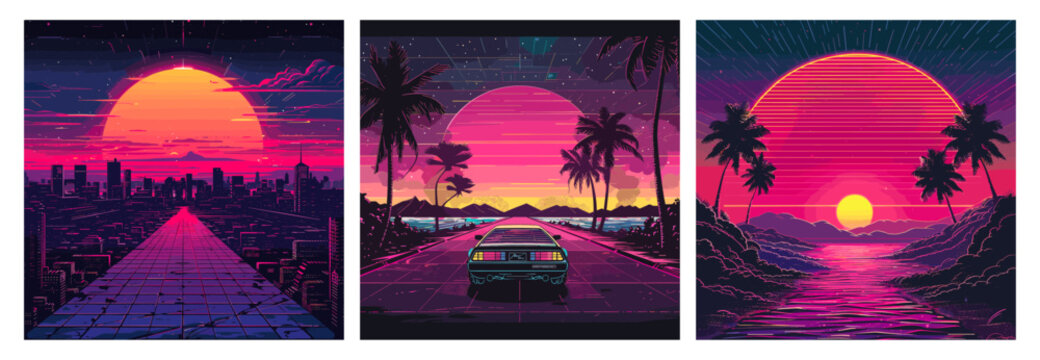 Synthwave posters. Retro futuristic abstract poster, synth wave disko 80s style car sunset palm trees purple grid laser neon vaporwave music cover art set vector illustration