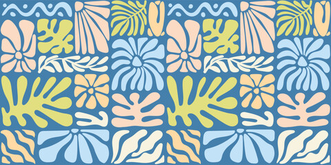 Seamless pattern with ink doodle abstract flowers and leaves. Trendy tropical background. Hand drawn vector illustration. Boho, beach, jungle wallpaper. 