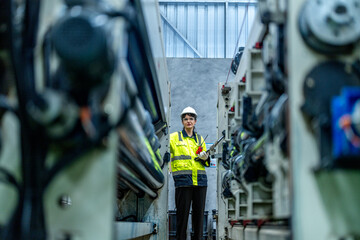 female engineers in neat work clothes prepare and control the production system of large modern...