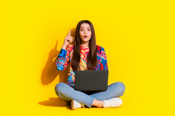 Full body photo of attractive teen woman hold netbook eureka dressed stylish colorful clothes...