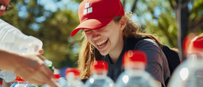 Joyful volunteer laughing while helping at a charity event.