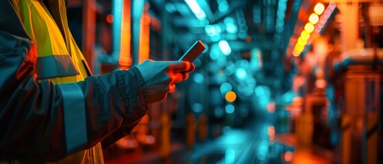 an engineer with a blurred hand adjusting settings on a tablet that controls