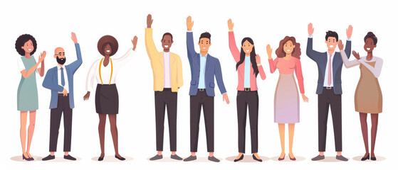 A diverse group of illustrated people raising their hands with smiles.