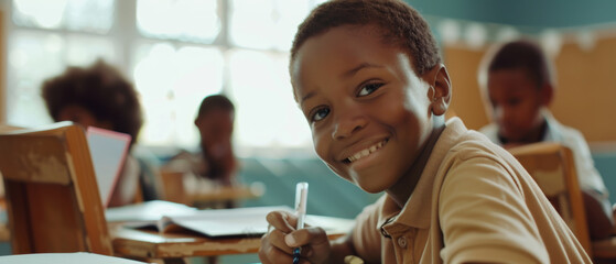 Confident schoolboy smiling at the camera with peers studying in the background.