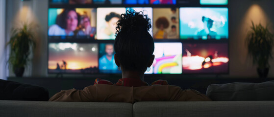 Person watching multiple screens with colorful visuals in a darkened room.