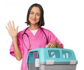 Young Caucasian female vet holding cage smiling cheerful showing number five with fingers.