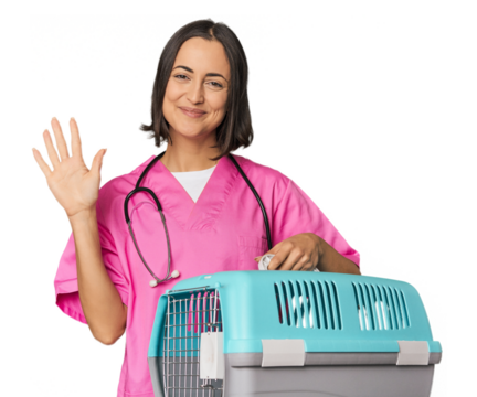 Young Caucasian female vet holding cage smiling cheerful showing number five with fingers.